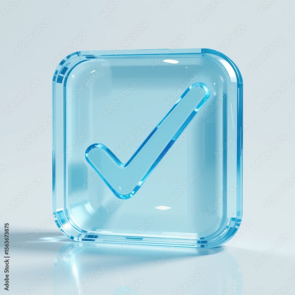 Fototapete 3d rendering of transparent blue check mark icon in square frame style