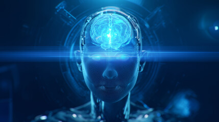 Obraz premium Cybernetic Human with Illuminated Brain in Futuristic Setting