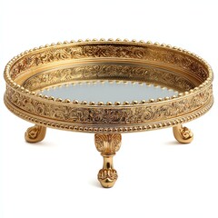 Ornate silver tray with a mirrored surface and decorative detailing.