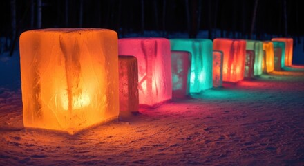 Vibrant ice lanterns illuminate a snowy winter night