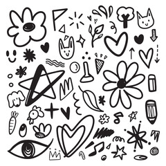 Doodle hand drawn outline for illustration. Element of flower, heart, cat, rabbit, sparkle and abstract