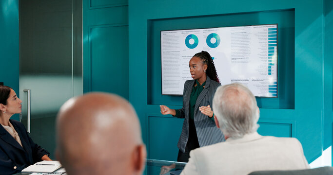 Woman, presentation and screen at meeting with charts, discussion or review at finance agency. Person, speaker and operations manager by monitor for feedback, statistics or problem solving at company - Powered by Adobe