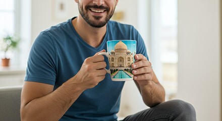 Smiling man enjoys a relaxing moment at home, holding a mug featuring a majestic architectural landmark.