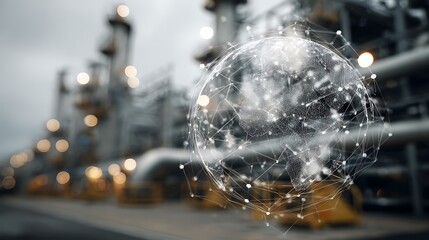 Digital network globe overlaying industrial plant with blurred background and pipes and towers