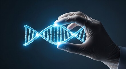 A glowing digital dna strand held by a scientist's hand for biotechnology research and genetic engineering innovation.