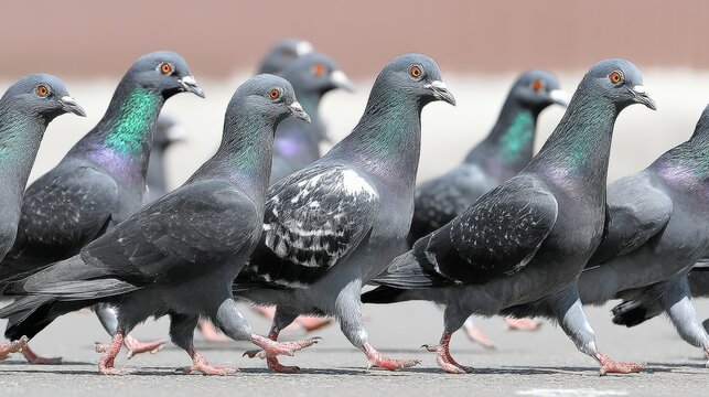 Pigeons walking together on a paved surface in an outdoor setting