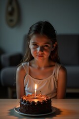 A girl sits alone in a quiet room, looking sad. A chocolate cake with a burning candle is on the table, marking her lonely birthday