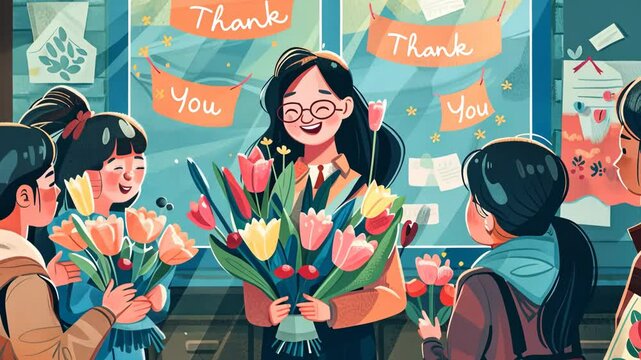 children giving flowers to teacher, world teachers day celebration, education concept, greeting cards - Powered by Adobe