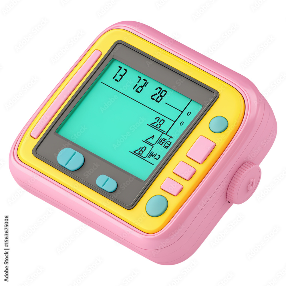 Poster colorful digital thermometer with display screen and buttons, isolated on transparent background.
