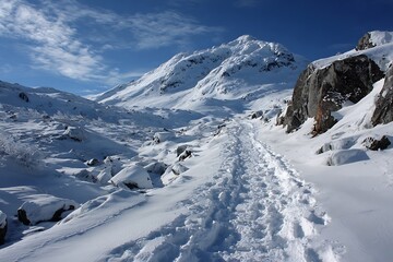 Obraz premium Chic single footprint in snowy mountain landscape view 