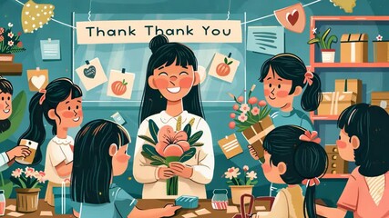 children giving flowers to teacher, world teachers day celebration, education concept, greeting cards