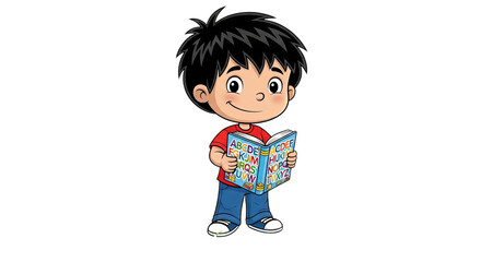 Young boy reading a colorful book with letters and illustrations in a bright, cheerful environment