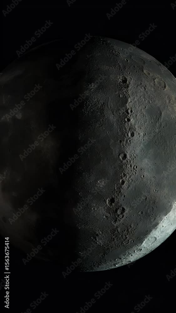 Poster detailed celestial view of a celestial body showing distinct phases with high contrast on a black ba