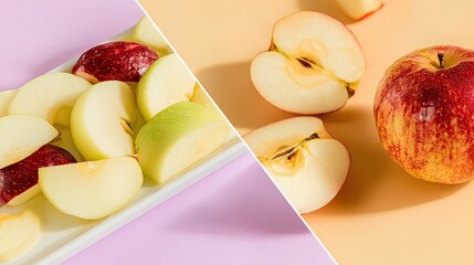 Sliced apples on plate, studio shot, vibrant background, healthy food