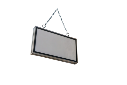 Blank metal signboard hanging with chain isolated on transparent background