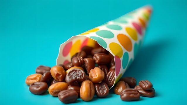 A colorful polka dot party cone spills out a variety of delicious chocolate candies onto a bright blue background