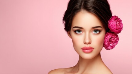 Woman with dark hair and pink peonies on a soft pink background