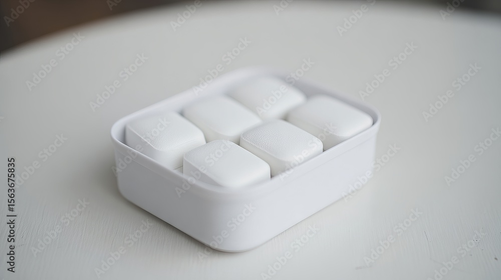 Poster minimalist white container with six smooth, rectangular soap bars arranged neatly, showcasing modern