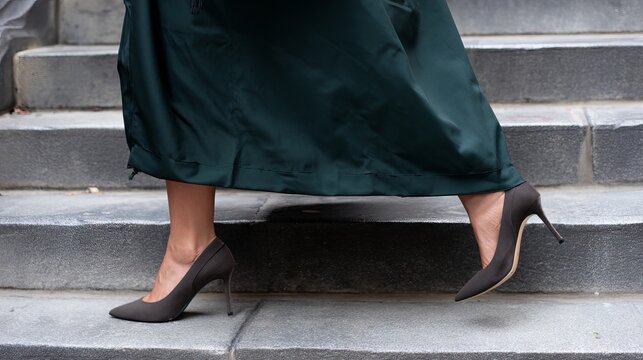 Elegant woman in high heels gracefully walking down stone steps, showcasing stylish footwear and flowing dress, embodying fashion and sophistication in urban environment - Powered by Adobe