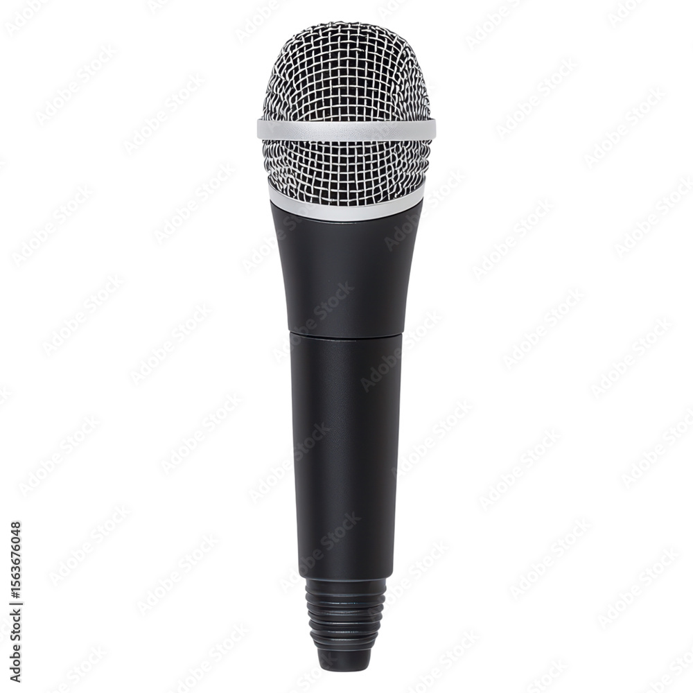 Poster professional black microphone with silver grid for performance and recording, isolated on transparen