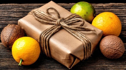 A wrapped gift box with a rustic twine bow surrounded by fresh citrus fruits and coconuts on a wooden surface