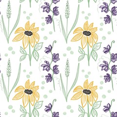 Hand drawn pattern with wild flowers. Meadow and forest flowers designed for fabric textile, print, wrapping paper. Floristic shop.
