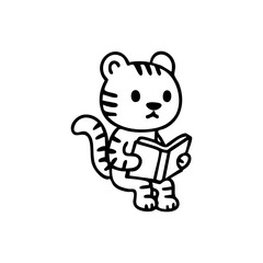 A cute, cartoon tiger sits and holds an open book