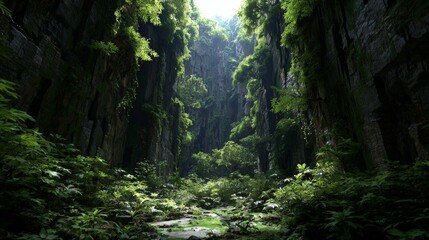 Lush Green Canyon Surrounded by Steep Rocky Walls