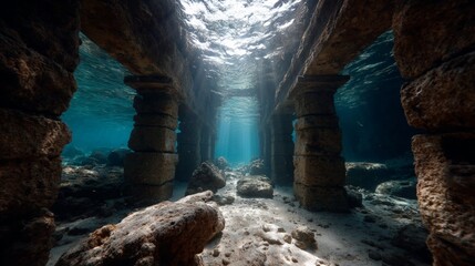 Underwater Ruins with Sunlight and Pillars