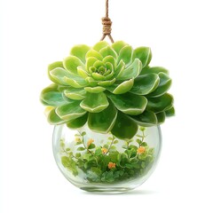 A vibrant green succulent plant in a hanging glass terrarium adorned with small flowering plants inside.