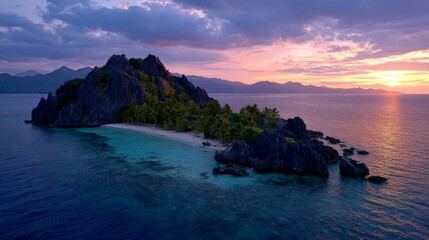 Serene Tropical Island at Sunset with Colorful Sky
