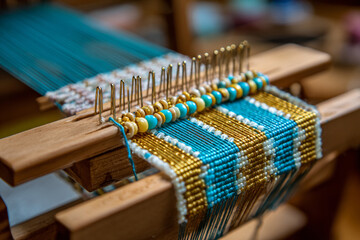Intricate weaving process capturing colorful beads and threads at a craft studio in the afternoon sunlight