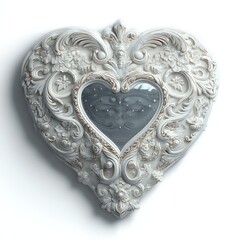 Ornate heart-shaped sculpture with intricate floral and swirl designs, featuring a reflective, smooth center on a white background.