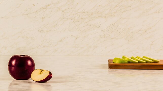 Red apple, green apple slices, kitchen countertop, marble background, food photography