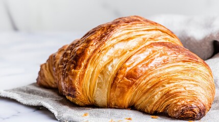 Freshly baked croissant with golden flaky layers resting on a textured linen cloth, showcasing its delicious buttery exterior and inviting appearance for culinary delight