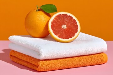 Fresh Citrus Spa Scene: A visually appealing composition showcasing the invigorating freshness of a grapefruit, complemented by a neatly stacked pile of pristine towels.