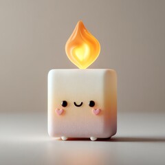 A cute, smiling square candle with a glowing flame and heart-shaped cheeks sits on a smooth surface against a neutral background.