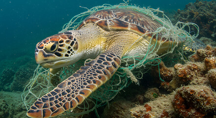 Fototapeta premium Entangled: Sea Turtle and Marine Debris