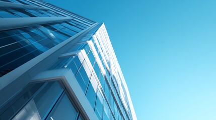 Low angle view of a modern glass building against a clear blue sky on a sunny day in the city