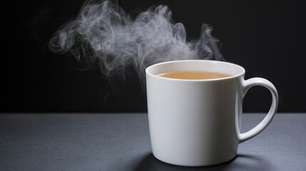 White ceramic cup filled with hot beverage, steam rising gracefully against a dark background, creating a cozy and inviting atmosphere for relaxation and enjoyment