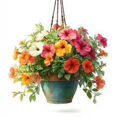 A vibrant hanging basket filled with blooming petunias in shades of orange, pink, red, and white, surrounded by lush green foliage.