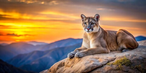 Majestic Cougar at Sunset, Rested on a Rocky Peak, Surveying a Vast Mountain Range