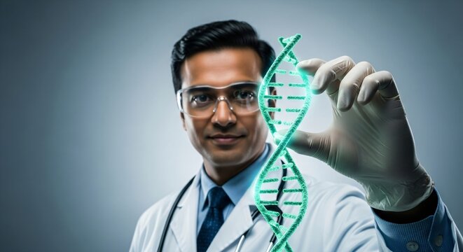 Man doctor inspecting a glowing DNA strand. Genetic research and analysis for medical innovation and healthcare applications in science.