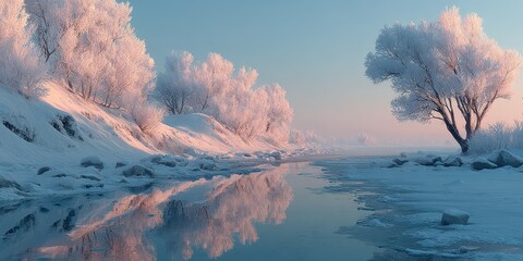 Snow-covered landscape with frost-laden trees reflecting in calm water during early morning light