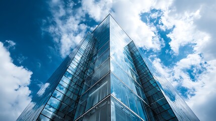 Low angle view of a modern glass building against a blue sky with white clouds on a sunny day