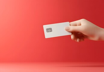 Female hand holding credit card with microchip on red background