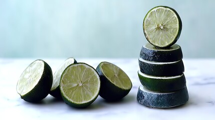 Sliced limes stacked on marble, kitchen background, food photography