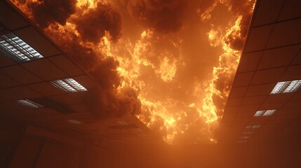 Intense fire engulfing ceiling with visible light fixtures and smoke filling the entire space
