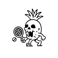 A cartoon pineapple skull with a tennis racket and tennis ball, in a dynamic playing pose