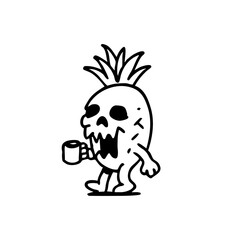 A stylized pineapple with a skull-like face, holding a mug